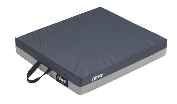 Gel "E" gel/foam wheelchair cushion, navy cover, three-quarter studio view