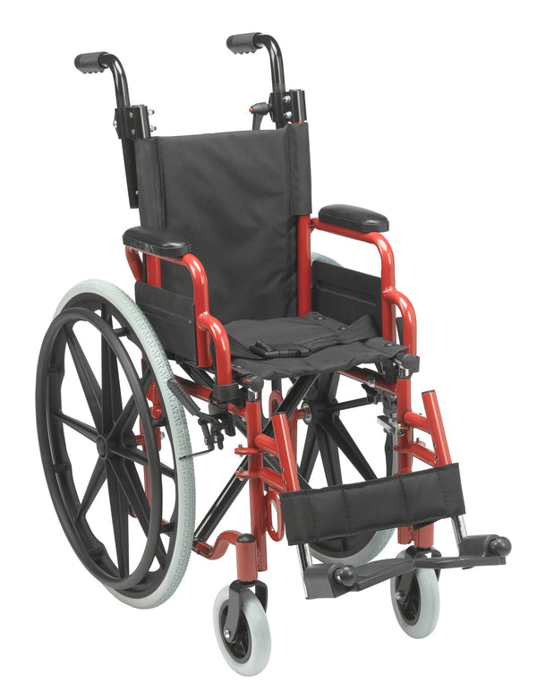 Wallaby pediatric wheelchair in Fire Truck Red, front three-quarter view