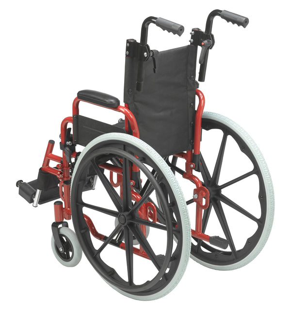 Wallaby pediatric wheelchair, red frame, right-side three-quarter view
