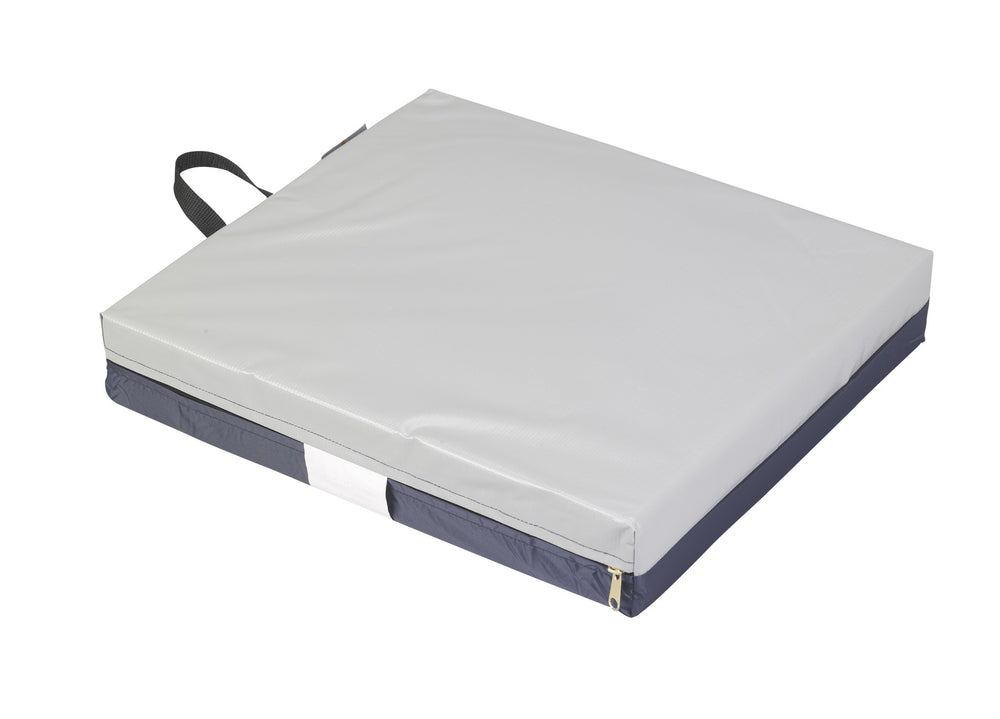 Gel "E" gel/foam wheelchair cushion, navy cover, three-quarter studio view