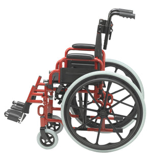 Wallaby pediatric wheelchair side profile showing the 22-inch rear wheel and desk arm