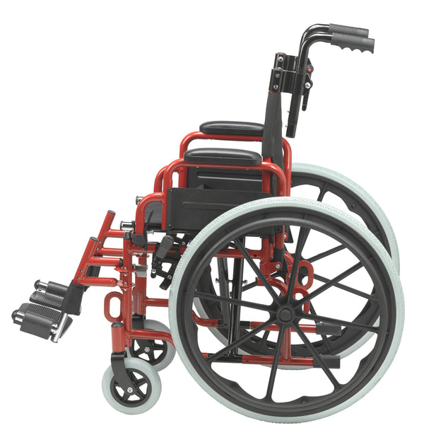 Wallaby pediatric wheelchair side profile showing the 22-inch rear wheel and desk arm