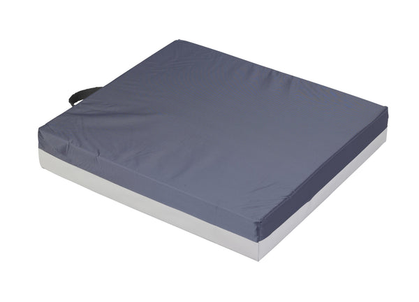 Gel "E" wheelchair cushion angled view with carry handle and vinyl base