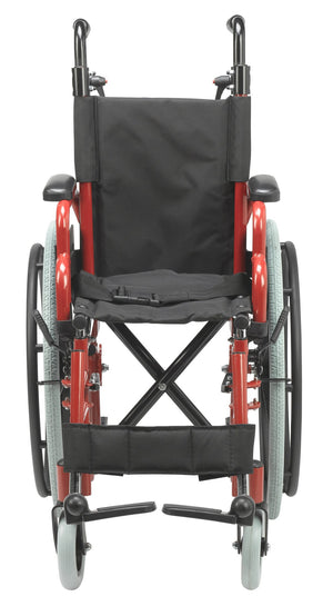 Rear view of the red Wallaby wheelchair showing the folding cross-brace