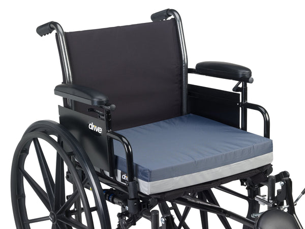 Gel "E" cushion positioned on a wheelchair seat