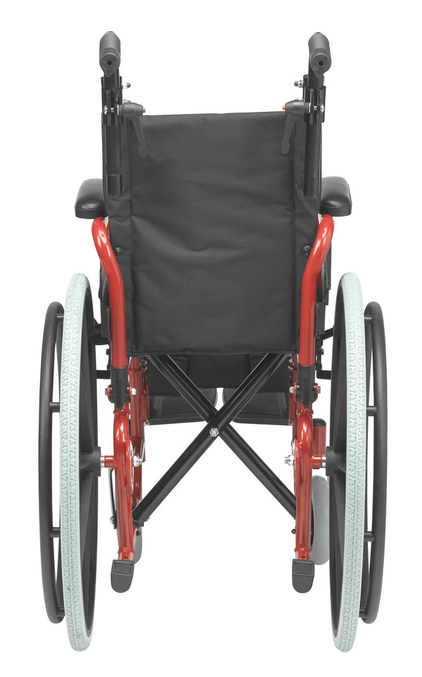 Red Wallaby wheelchair with swingaway footrest and flip-back padded desk arm