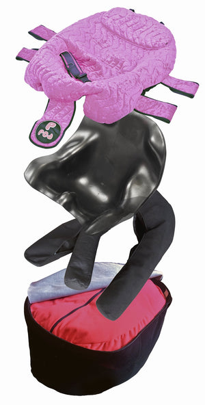 Exploded view of the P Pod showing the moulded liner, headrest and bean-bag base