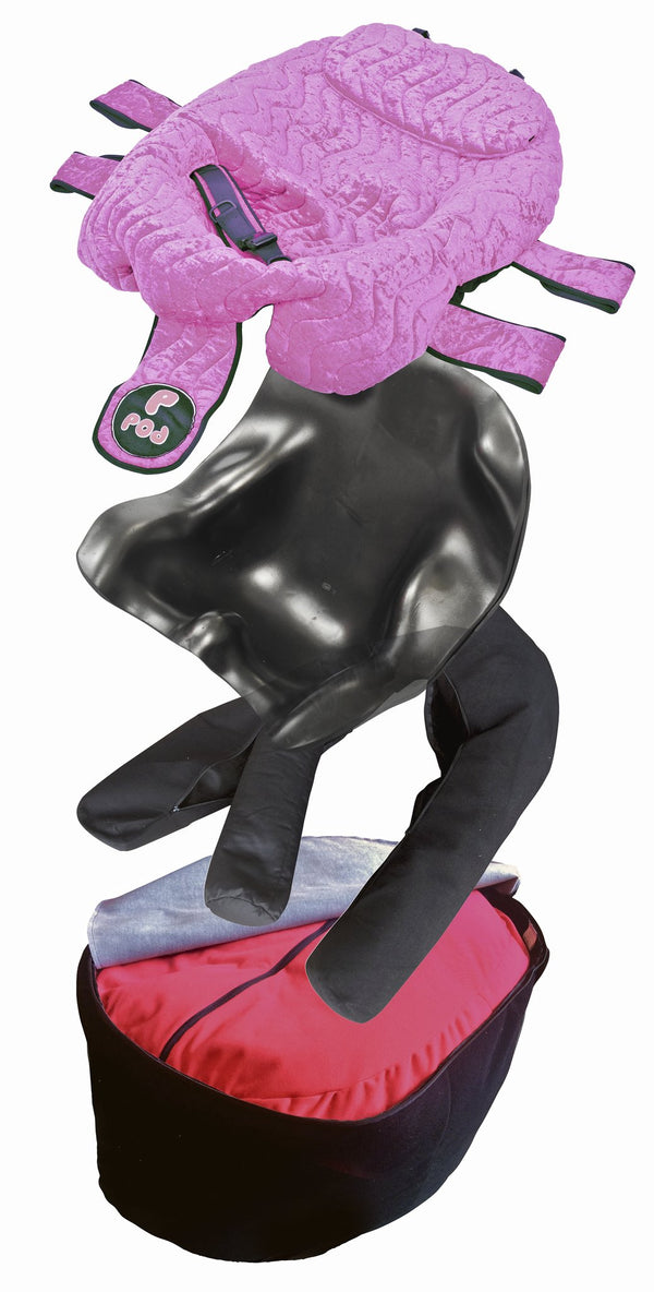Exploded view of the P Pod showing the moulded liner, headrest and bean-bag base
