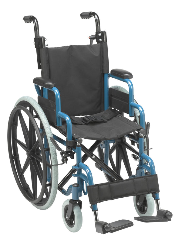 Wallaby pediatric wheelchair in Fighter Blue, 14-inch seat, front three-quarter view