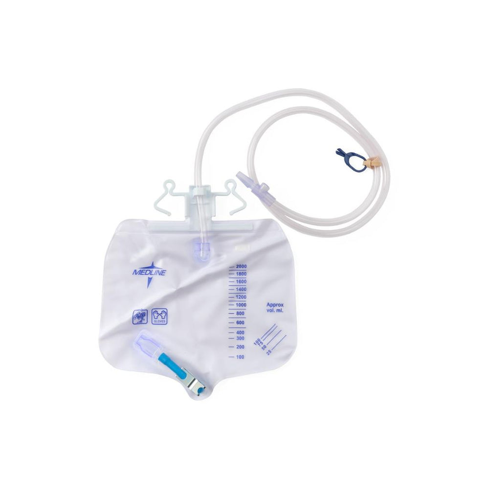Medline Urinary Drainage Bag, 2000 mL, Metal Clamp Drain, Anti-Reflux Tower