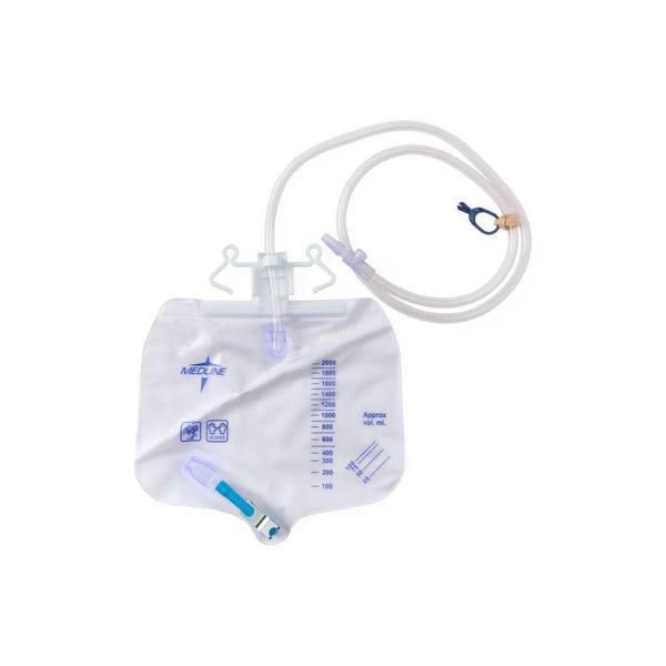 Medline Urinary Drainage Bag, 2000 mL, Metal Clamp Drain, Anti-Reflux Tower