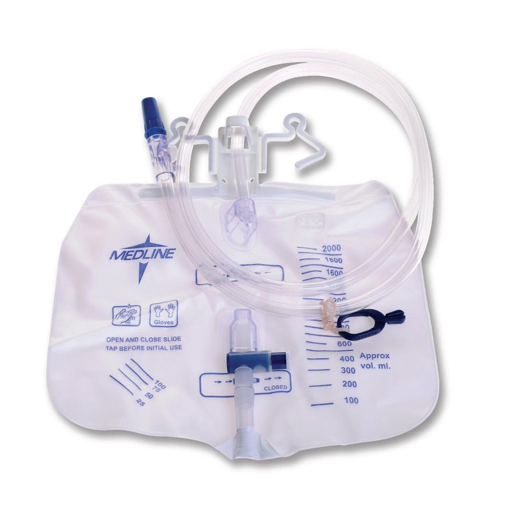 Medline 2000 mL urinary drainage bag, slide-tap drain, anti-reflux tower, latex-free (DYND15205)