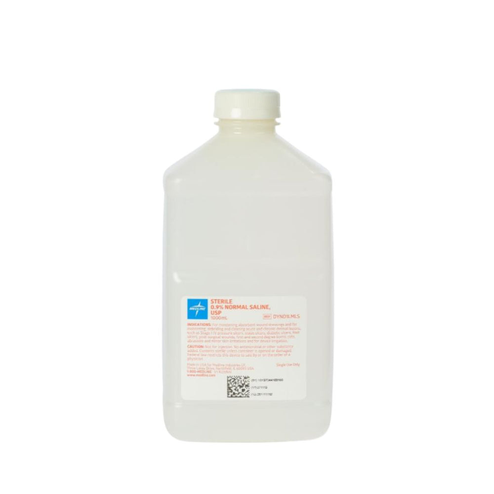 Medline Sterile 0.9% Normal Saline Solution for Irrigation, 1 Liter Square Bottle - Case of 9