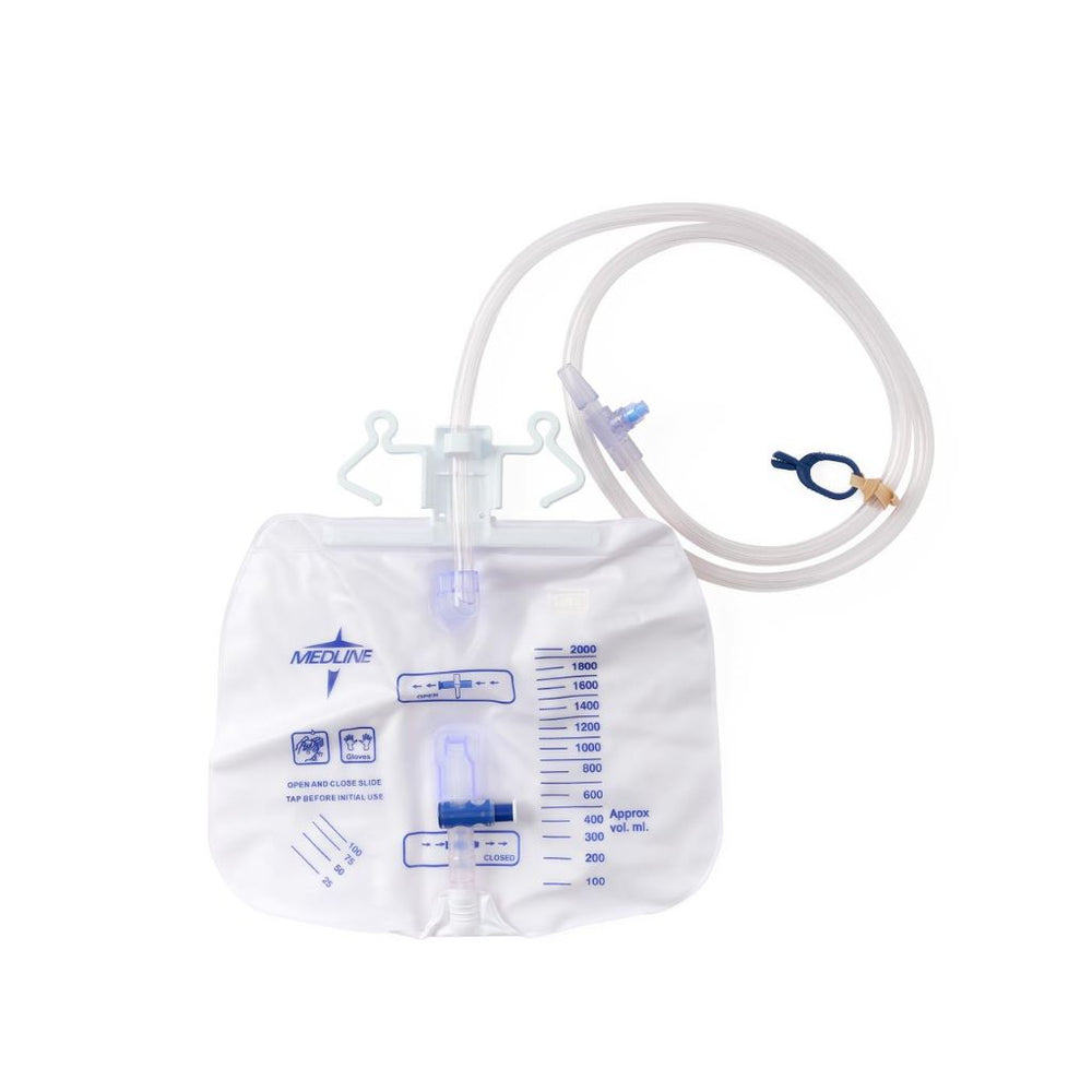Urinary Drain Bag 2000 mL Anti-Reflux Tower with Slide-Tap & Tubing, Luer-Lock Port, Vinyl, Sterile (EA/1)