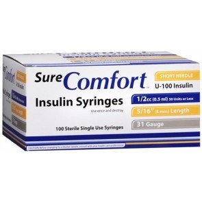 Sure Comfort Insulin Syringe, 28G, 1/2In (12Mm), 1/2Cc, Bx/100Allison Medical