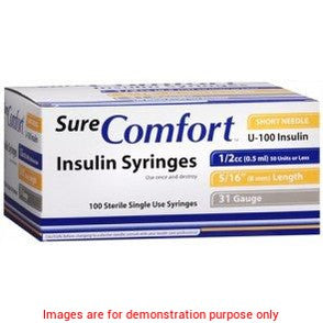 Sure Comfort Insulin Syringe, 29G, 1/2In (12Mm), 1/2Cc, Bx/100Allison Medical